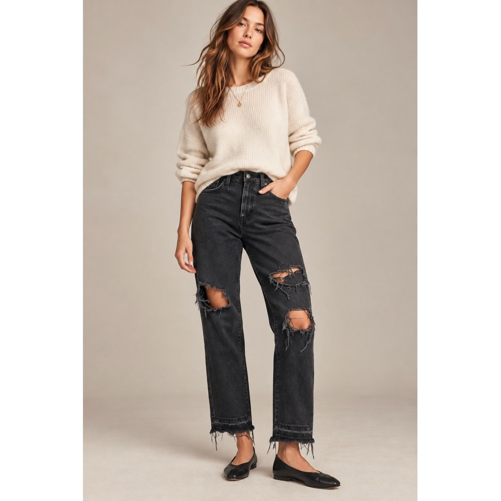 Madewell The Mom Jean 28 Black Distressed High Rise Raw Hem Grunge Edgy Denim